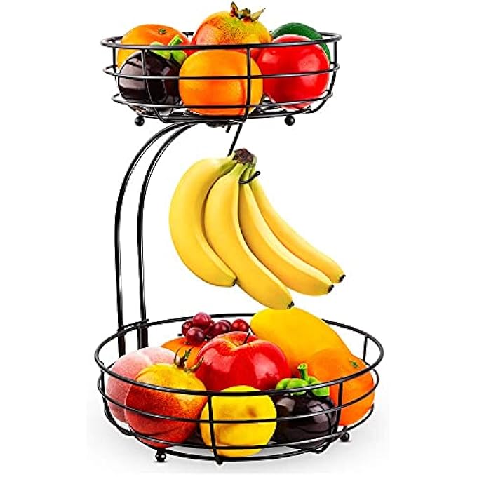 Auledio FRUIT BASKET FOR KITCHEN COUNTER, IRON 2-TIER COUNTERTOP FRUIT VEGETABLES BASKET BOWL STORAGE WITH BANANA HANGER, BLACK - Image 1